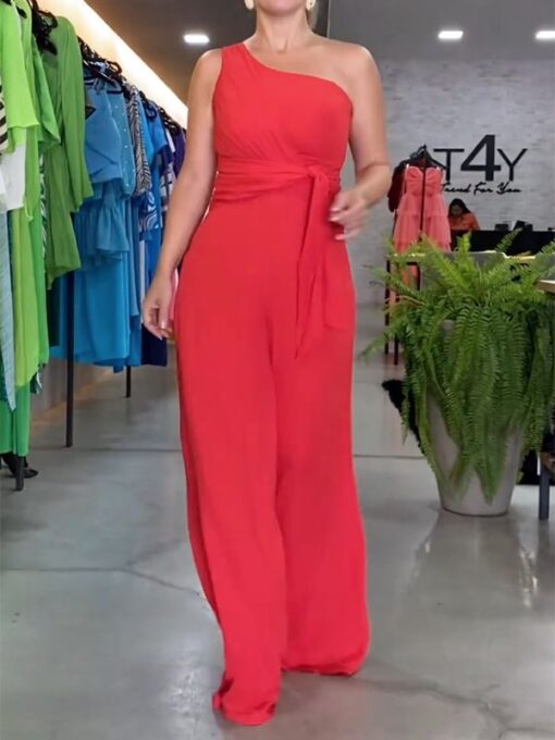 Asymmetric Solid Color Loose Sleeveless One-Shoulder Jumpsuits - Image 2