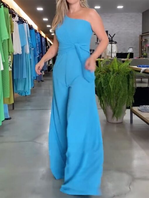 Asymmetric Solid Color Loose Sleeveless One-Shoulder Jumpsuits - Image 3