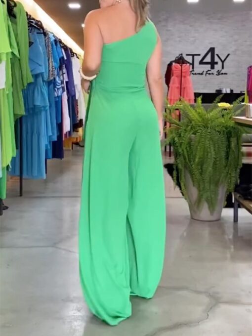 Asymmetric Solid Color Loose Sleeveless One-Shoulder Jumpsuits - Image 2