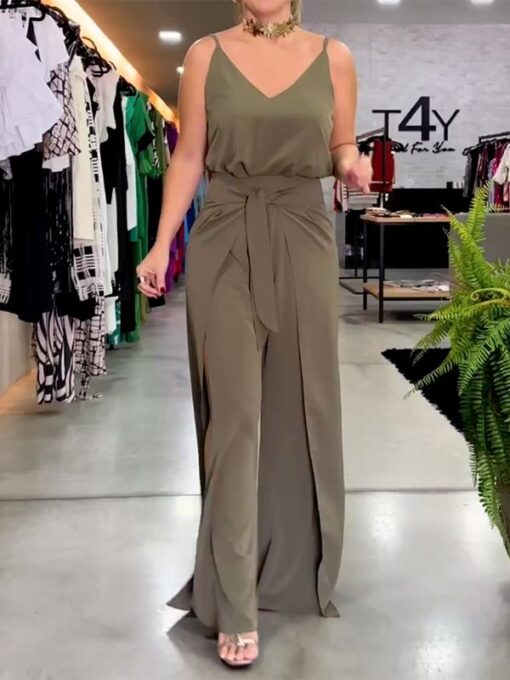 Bandage Solid Color Loose Wide Leg Spaghetti-Neck Jumpsuits - Image 3