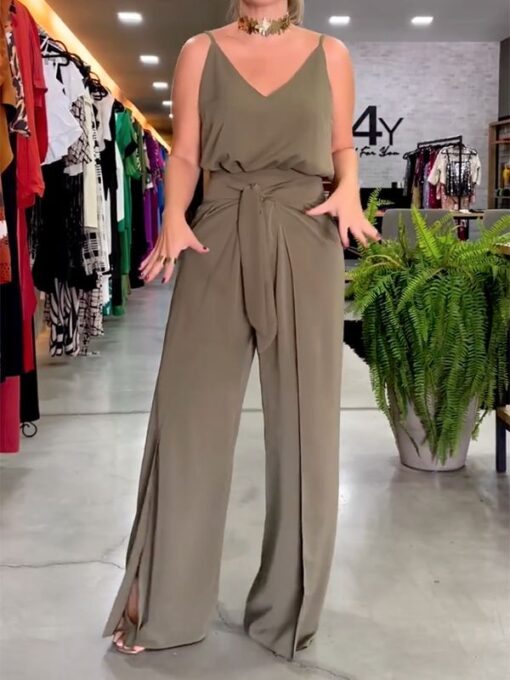 Bandage Solid Color Loose Wide Leg Spaghetti-Neck Jumpsuits