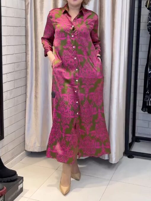 Buttoned Floral Printed Long Sleeves Loose Polo Maxi Dresses - Image 3