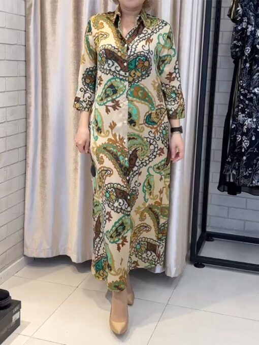 Buttoned Floral Printed Long Sleeves Loose Polo Maxi Dresses - Image 3