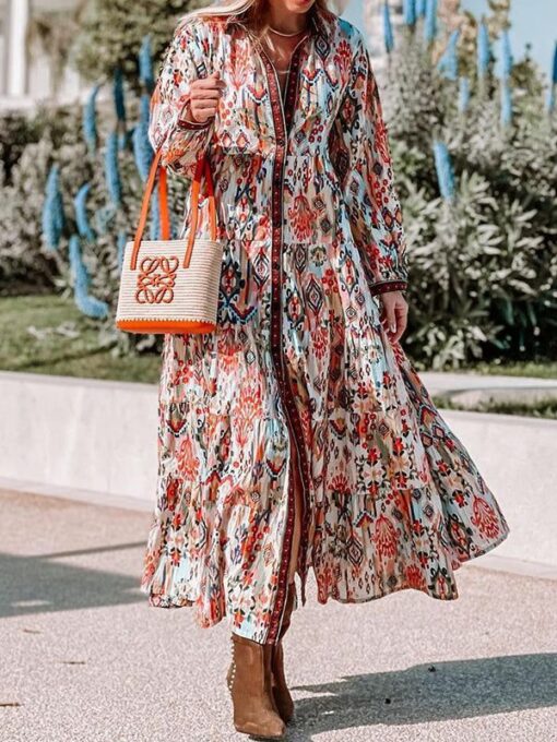 Buttoned Floral Printed Long Sleeves V-Neck Maxi Dresses