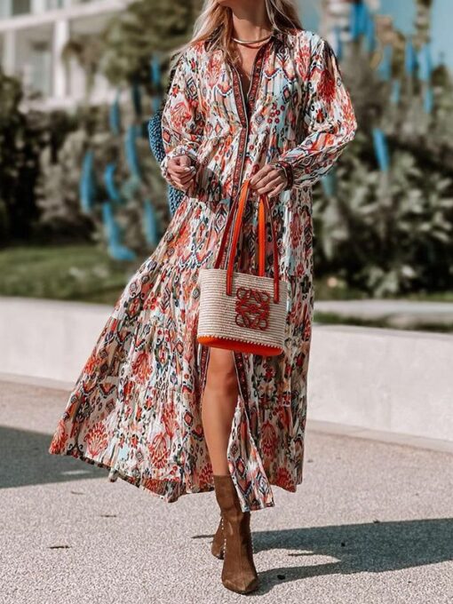 Buttoned Floral Printed Long Sleeves V-Neck Maxi Dresses - Image 3