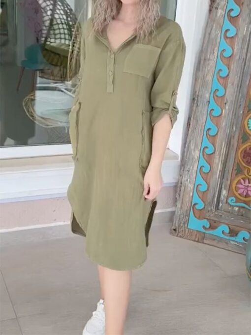 Buttoned Solid Color Long Sleeves Loose Hooded Midi Dresses - Image 5