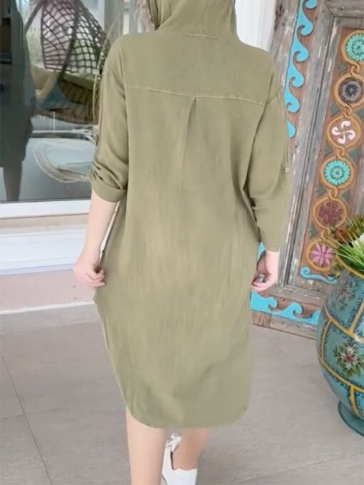 Buttoned Solid Color Long Sleeves Loose Hooded Midi Dresses - Image 6