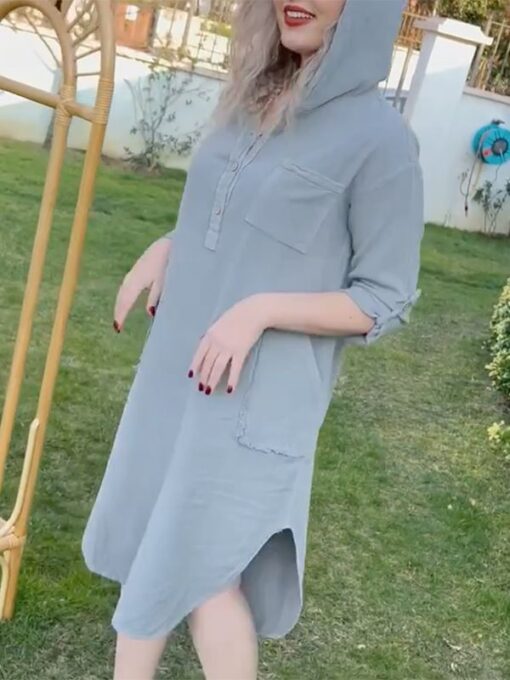 Buttoned Solid Color Long Sleeves Loose Hooded Midi Dresses - Image 9