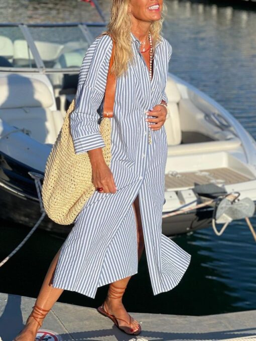 Casual Vacation Stripe Button Dress - Image 2