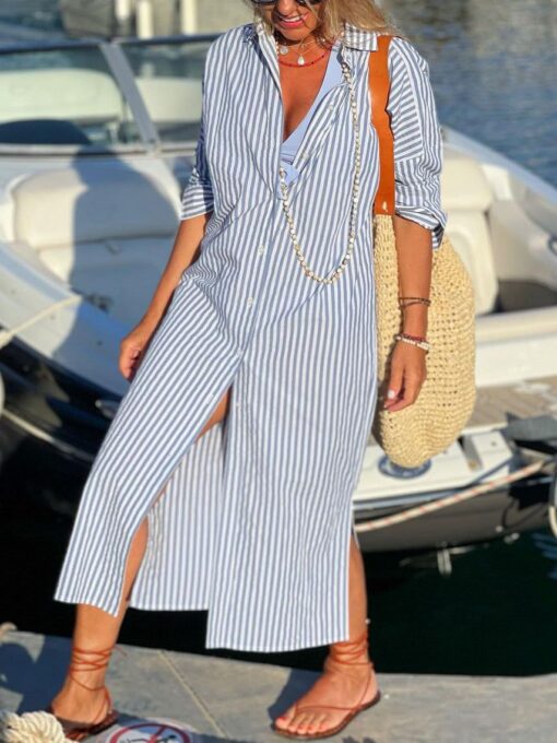 Casual Vacation Stripe Button Dress - Image 3