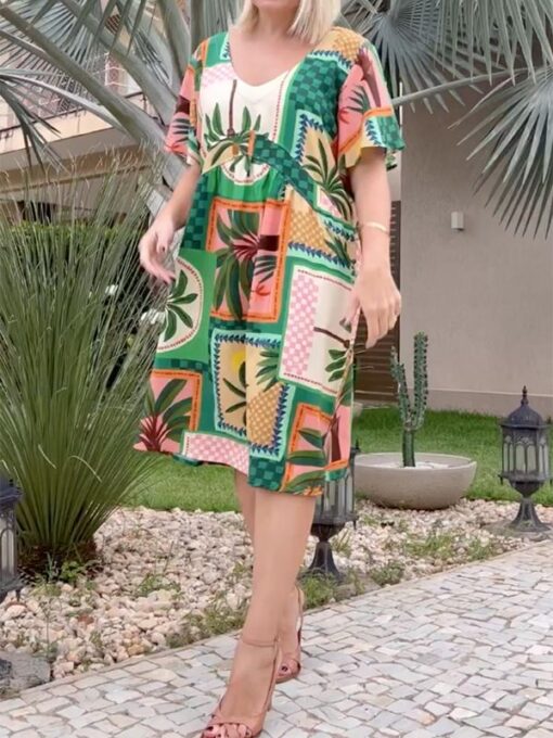 Color-Block Floral Printed Loose Short Sleeves V-Neck Midi Dresses - Image 3