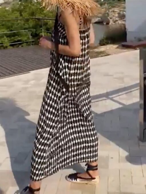 Color-Block Plaid Loose Sleeveless Spaghetti-Neck Maxi Dresses - Image 2