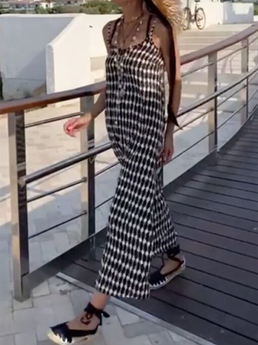 Color-Block Plaid Loose Sleeveless Spaghetti-Neck Maxi Dresses - Image 3