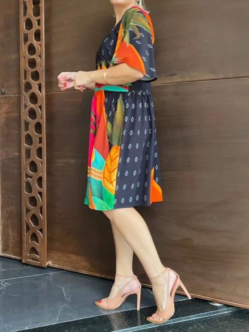 Color-Block Printed Short Sleeves V-Neck Midi Dresses - Image 2