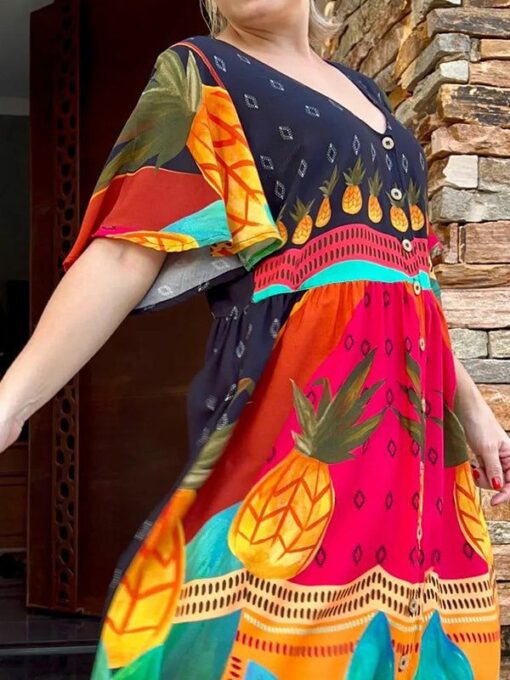 Color-Block Printed Short Sleeves V-Neck Midi Dresses - Image 3