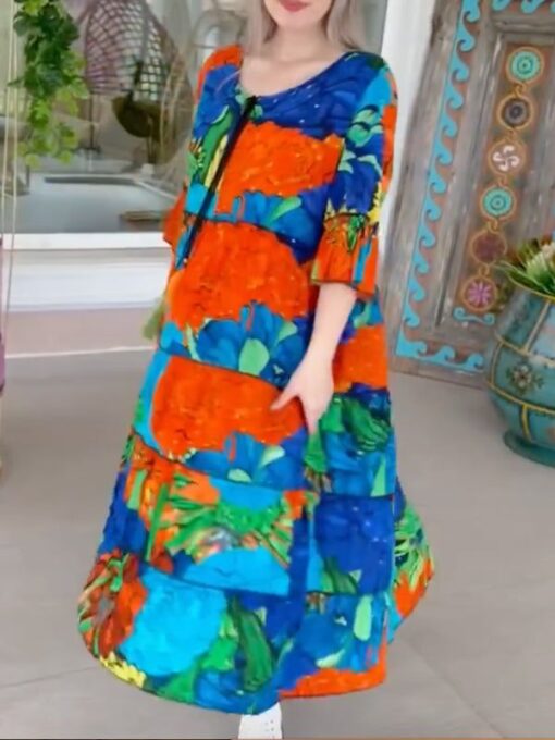 Color-Block Tiered A-Line Half Sleeves Round-Neck Maxi Dresses - Image 2