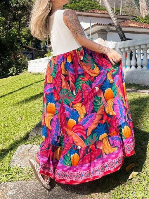 Contrast Color Floral Printed A-Line Loose Round-Neck Maxi Dresses - Image 2