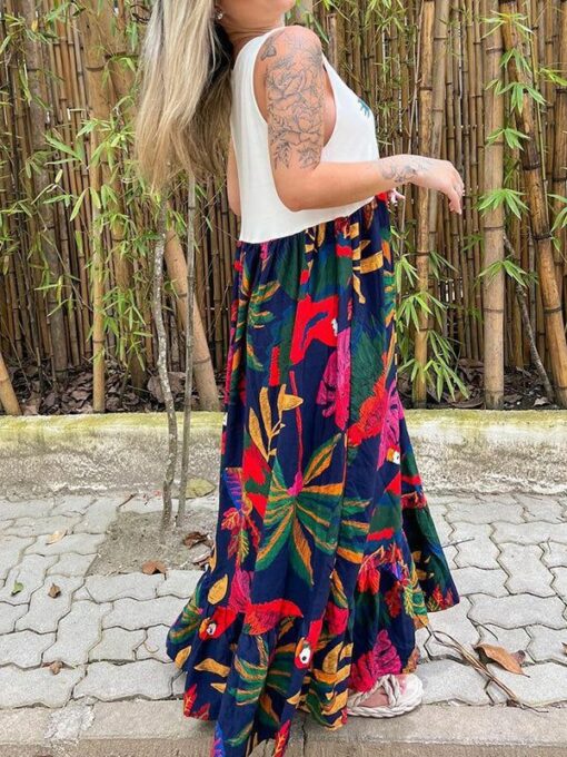 Contrast Color Floral Printed A-Line Loose Round-Neck Maxi Dresses - Image 2