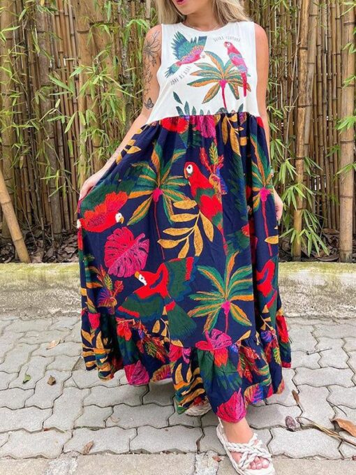 Contrast Color Floral Printed A-Line Loose Round-Neck Maxi Dresses