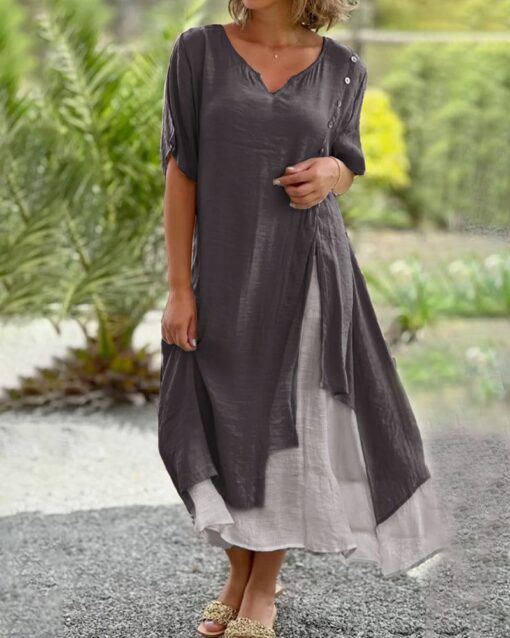 Cotton Linen Fake Two Pieces Dress