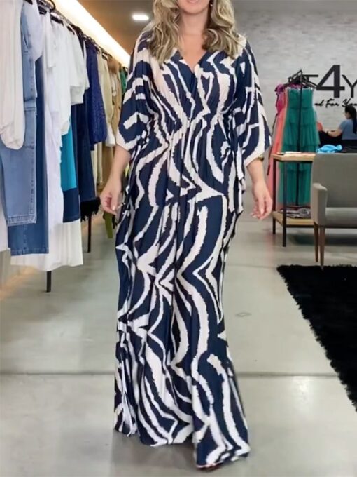 Elasticity Floral Printed Half Sleeves Loose V-neck Maxi Dresses - Image 3