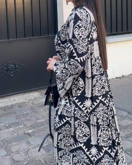 Fashion Casual V-Neck Long Sleeve Print Dress - Image 3