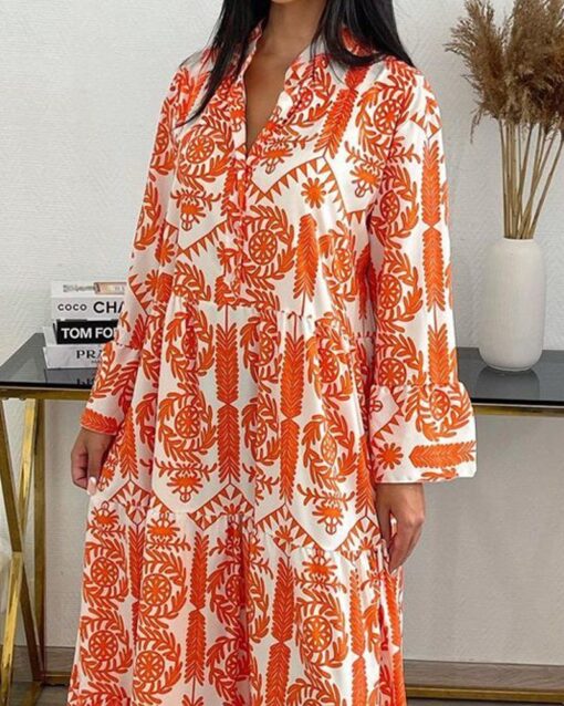 Fashion Casual V-Neck Long Sleeve Print Dress - Image 2