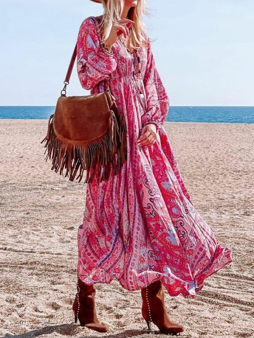 Floral Printed A-Line Long Sleeves V-Neck Maxi Dresses - Image 2