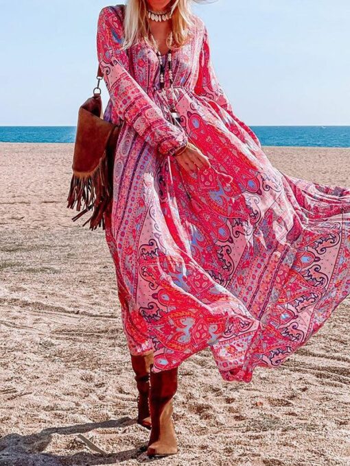 Floral Printed A-Line Long Sleeves V-Neck Maxi Dresses