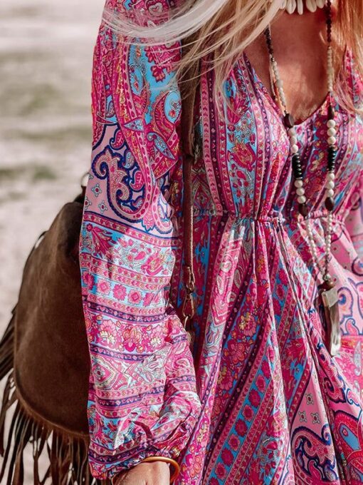 Floral Printed A-Line Long Sleeves V-Neck Maxi Dresses - Image 3