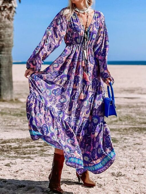 Floral Printed A-Line Long Sleeves V-Neck Maxi Dresses - Image 3