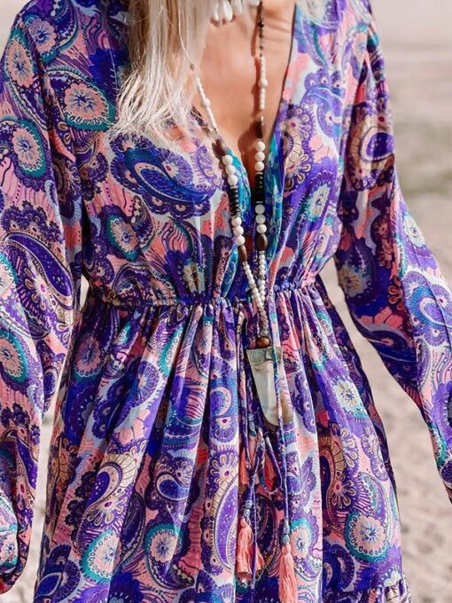 Floral Printed A-Line Long Sleeves V-Neck Maxi Dresses - Image 4