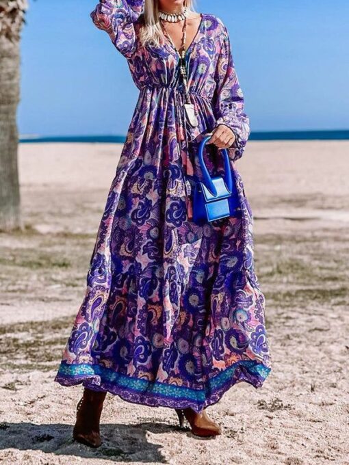 Floral Printed A-Line Long Sleeves V-Neck Maxi Dresses - Image 2