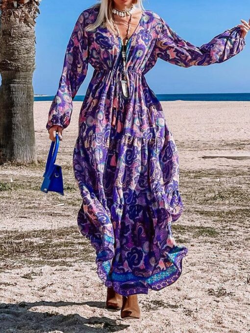 Floral Printed A-Line Long Sleeves V-Neck Maxi Dresses