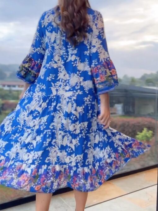 Floral Printed A-Line Long Sleeves V-Neck Midi Dresses - Image 3