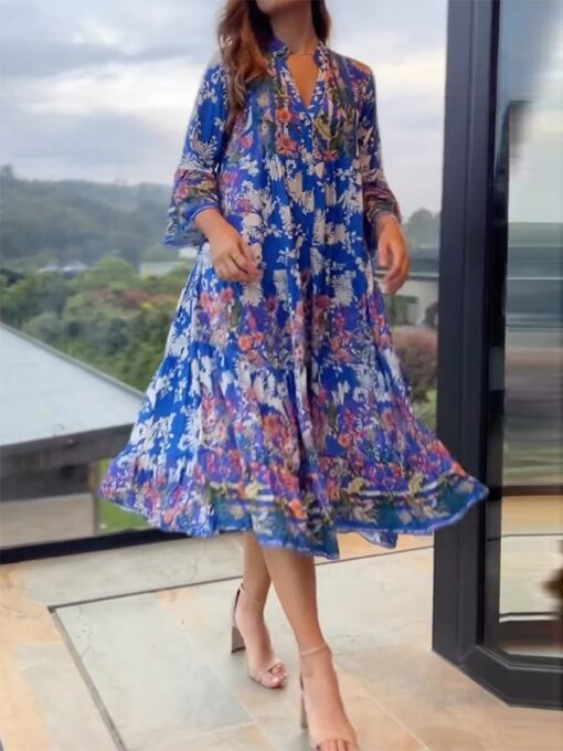 Floral Printed A-Line Long Sleeves V-Neck Midi Dresses