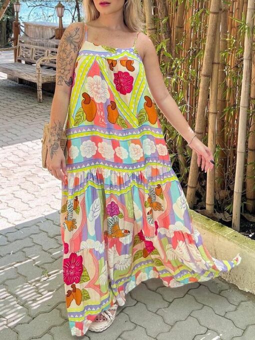 Floral Printed A-line Loose Spaghetti-Neck Maxi Dresses