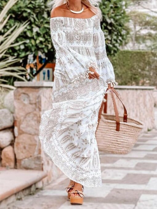 Floral Printed Batwing Sleeves Long Sleeves Off-The-Shoulder Maxi Dresses - Image 2