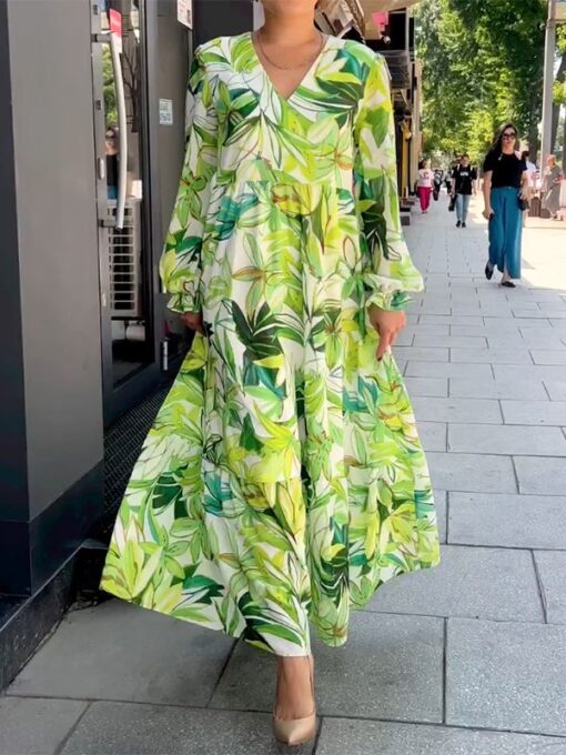 Floral Printed Empire Long Sleeves V-Neck Maxi Dresses - Image 2