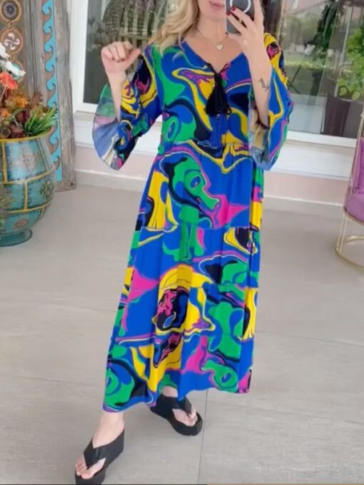 Floral Printed Flared Sleeves Half Sleeves V-Neck Maxi Dresses