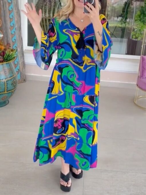 Floral Printed Flared Sleeves Half Sleeves V-Neck Maxi Dresses - Image 2