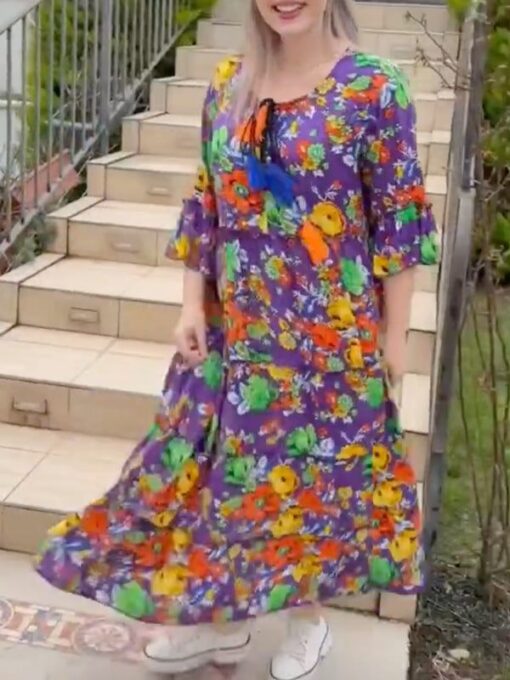 Floral Printed Half Sleeves Loose Round-Neck Maxi Dresses