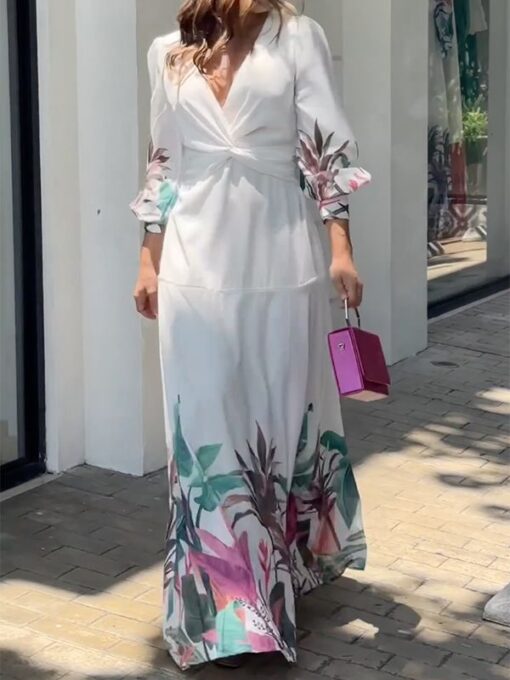 Floral Printed Half Sleeves V-Neck Maxi Dresses - Image 2