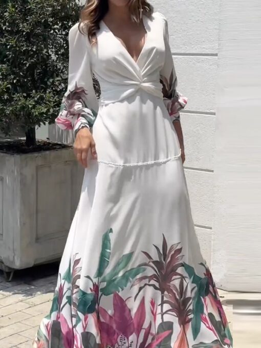 Floral Printed Half Sleeves V-Neck Maxi Dresses - Image 3