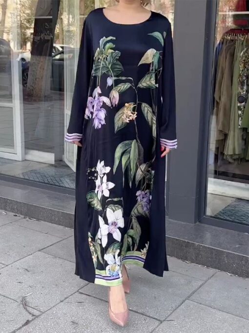 Floral Printed Long Sleeves Loose Round-Neck Maxi Dresses - Image 2