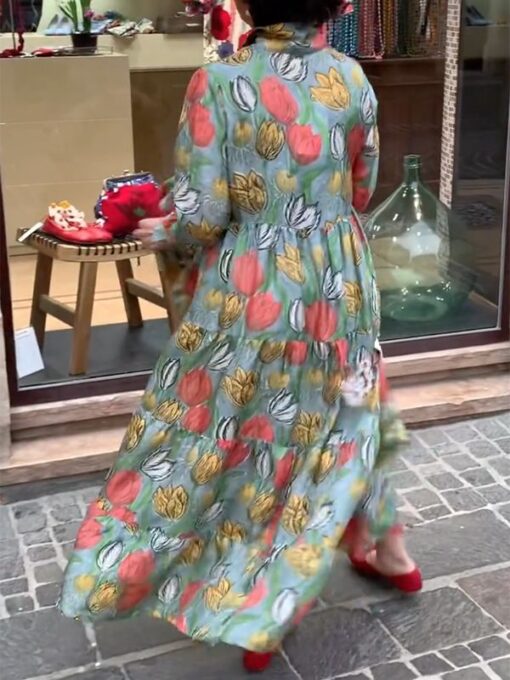 Floral Printed Long Sleeves Loose Shirt Collar Maxi Dresses - Image 3