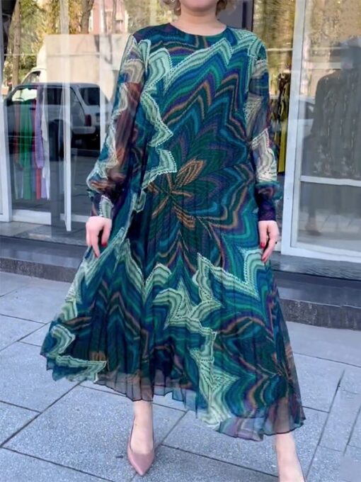 Floral Printed Long Sleeves Loose U-Neck Maxi Dresses