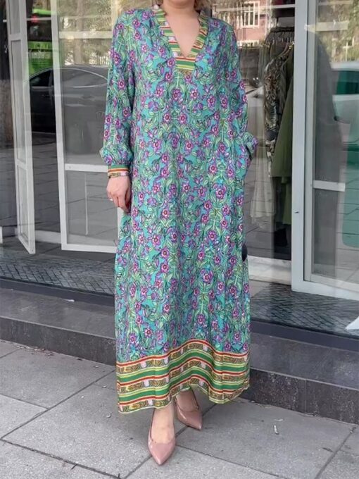 Floral Printed Long Sleeves Loose V-Neck Maxi Dresses - Image 2