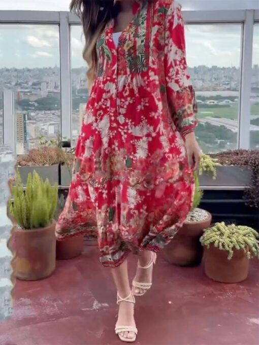 Floral Printed Long Sleeves Loose V-Neck Maxi Dresses