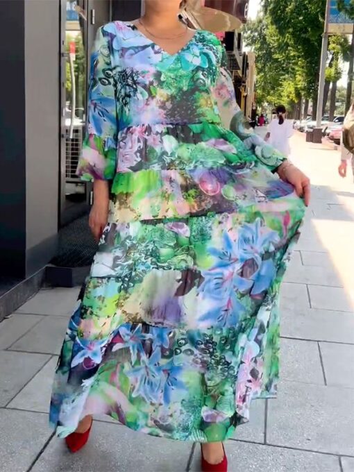 Floral Printed Long Sleeves V-Neck Maxi Dresses